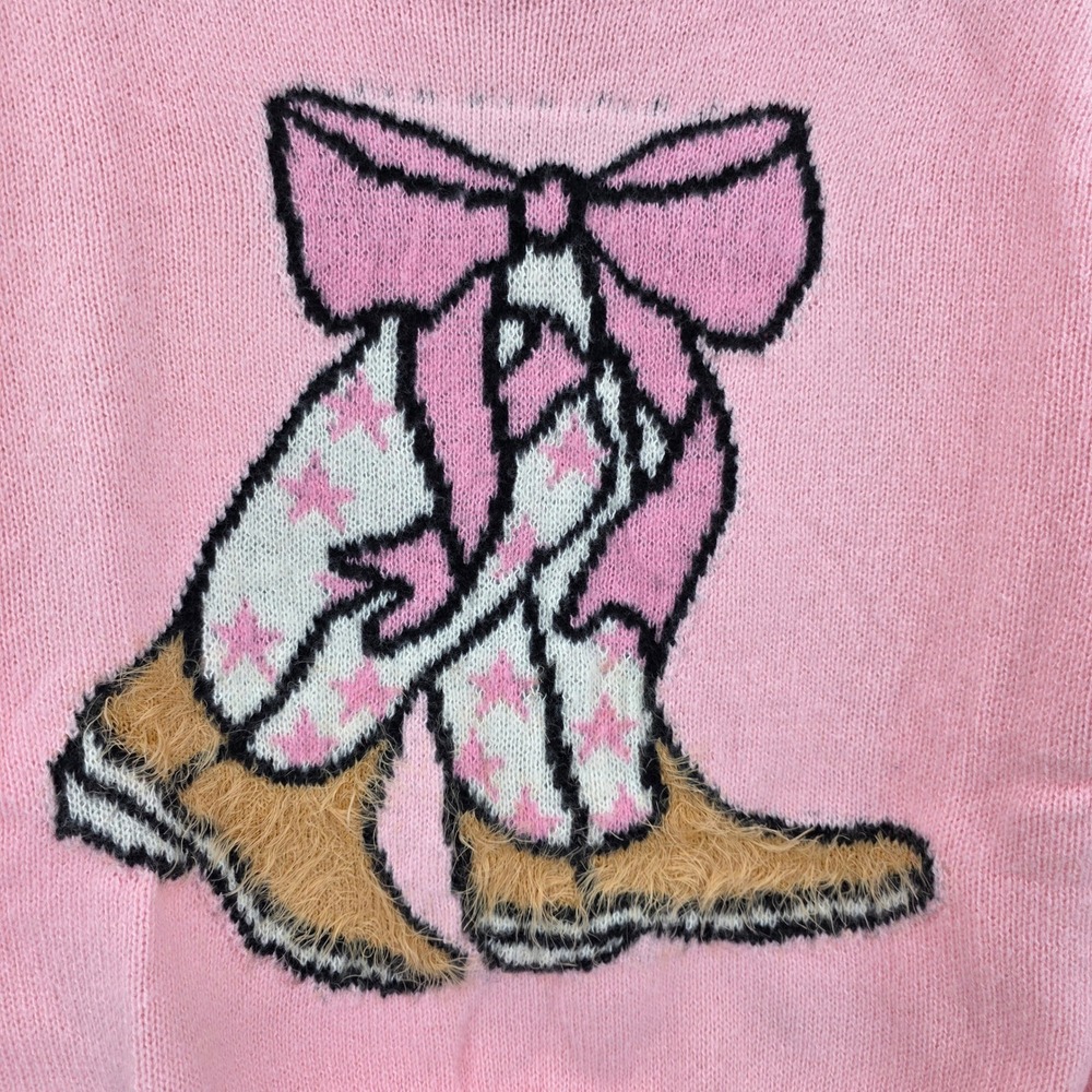 SIMPLY SOUTHRN Pink Cowgirl Boots Bow Knit Sweater Women's Cozy Pullover S NWT - Picture 3 of 8